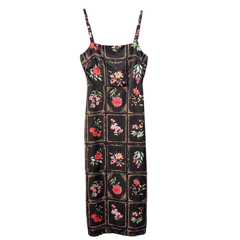 Taylor Black Satin Floral Botanical Frame Print Midi Sheath slip Dress Size 6